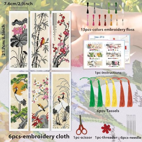 ACRNIGHEET 6PCS Cross Stitch Bookmark Kit for Beginner Chinese-Style Stamped Cross Stitch Kits Needlepoint Kit for Adults DIY Tassel Embroidery Bookmark Kits with Instructions Craft Gift 8.5"x3" 11CT - style: Chinese-Style Patterns