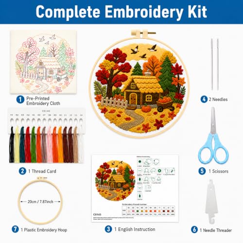 Zhenqing Autumn Cottage Embroidery Kit for Beginners, Fall Harvest Needlework Kit with Pre-Printed Cotton Fabric, Hoop, Threads & Tools, Pumpkin Home Decor (C0143) - color: Autumn Cottage