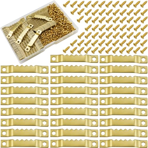 Sawtooth Picture Hangers,100 Pcs Black Steel Photo Frame Hanging Hangers 200 Screws for Wall Clock Paintings Wood Craft Decor Artwork Signs Posters Picture Frame Sketch Hanger,Cross-Stitch (Gold) - color: Gold