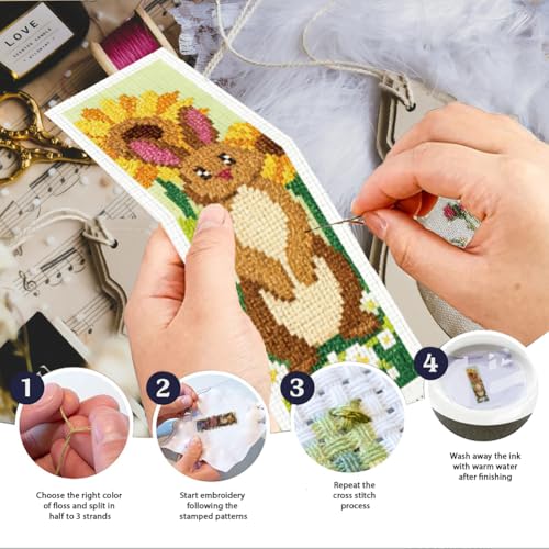 INFUNLY 6 Set Brown Rabbit DIY Cross Stitch Bookmark Kits for Adults Flowers Counted Cross Stitch Kit with Instructions Bunny Stamped Embroidery Bookmark Kit for Book Lovers Readers Gift - style: Rabbit