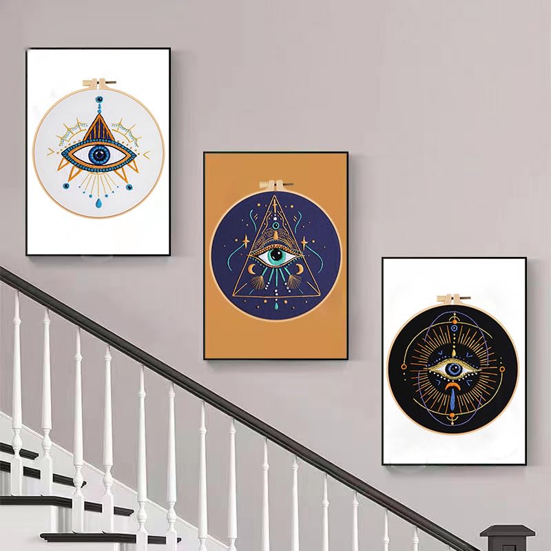 Konrisa 3 Pcs Embroidery Kits with Tarot Cards and Eyes Pattern, Stamped Embroidery Starter Kit for Beginners Adults Needlepoint Kits DIY Sewing Cross Stitch Practice Kit Home Decoration - color: eyes