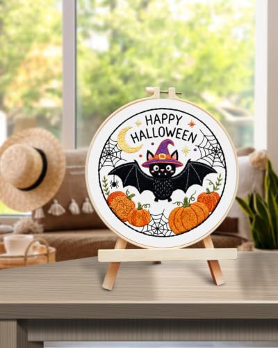 TINDTOP Halloween Embroidery Kit for Adult, Embroidery DIY Starter Kit, with Stamped Patterns, Hoop, Tools, Colorful Threads with Needles, Instructions (Halloween D) - color: Halloween D