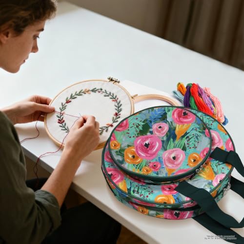 Round Embroidery Project Bag, Tote for Hoops, Floss&Sewing Supplies - color: Green Floral