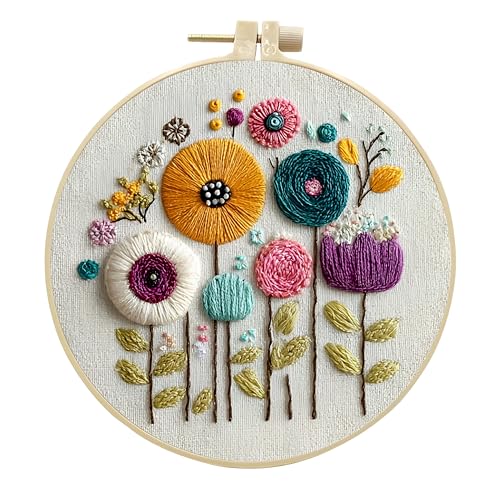 Embroidery Kit for Beginners & Adults Starter Kit, Cross Stitch Kits,DIY Hand Embroidery Needlepoint Set with Hoop, Pre-Printed Fabric, Threads and Instructions (Flower-3) - color: Flower-3