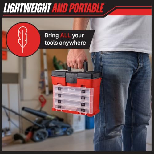 Small Parts Organizer Box - 11-Inch Portable Storage Case with 4 Removable Multi-Compartment Trays for Screws, Beads, Small Fishing Tackle, Hardware, and Craft Supplies by Stalwart (Red) - color: Red