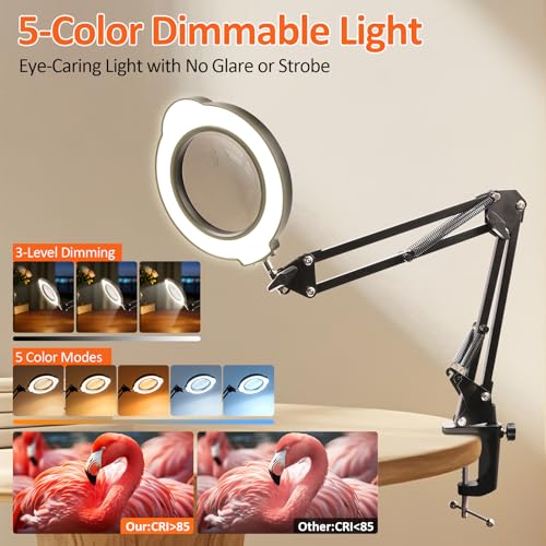 Magnifying Glass with Light and Stand, 10X 30X LED Desk Magnifier with Real Glass Lens, 5 Color Modes, 3 Brightness Levels, Hands-Free Magnifying Lamp for Reading, Crafts, Electronics and Jewelry - color: Clamp