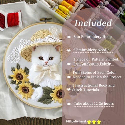 FONNUY White Kitten Embroidery Kit, Sunflowers Cat Lace Hat Cross Stitch Kits for Beginners, Handmade Crafts with Printed Patterns for Adults, Color Thread Needlework, 8'' Hoop (Cat 04) - color: Cat 04