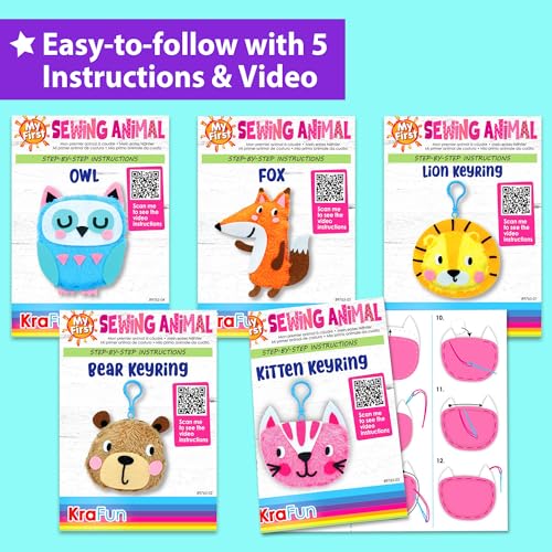 KRAFUN Animal Keyring Charm Sewing Kit Age 6+ | 5 Projects