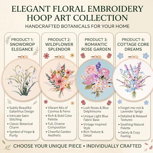 Harimau Adult Beginner Embroidery Starter Kit, Complete Set with 4 Patterns, 2 Hoops, Needles, Scissors, Instruction Guide & Stitching Video Tutorials - color: Floral6 pattern