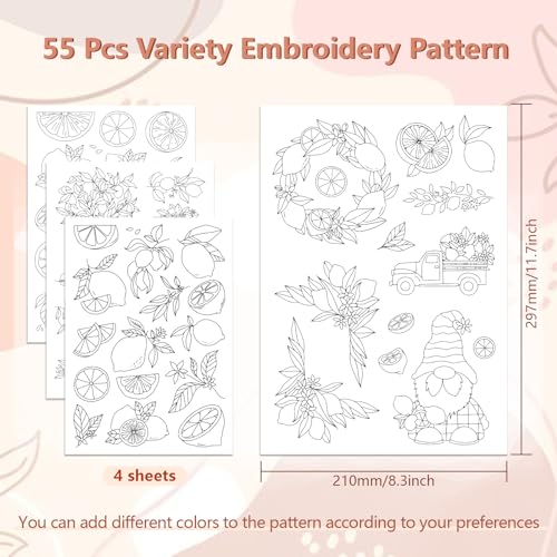 Peacoblue Lemon Stick and Stitch Embroidery Patterns, Water Soluble - color: Lemon