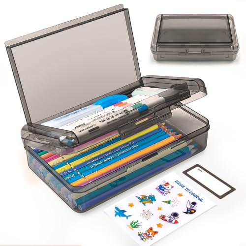 Double Layer Plastic Clear Hard Pencil Cases Box with Personalized sticker - color: Dark Gray-Stickers