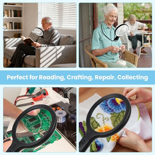 Hands-Free Neck Wear Magnifying Glass with Light - 3 Lighting Modes, Detachable 2-in-1 Neck & Handheld Magnifier,5X Main Lens + 10X Auxiliary Lens for Close Work, Reading Books, Sewing, Seniors