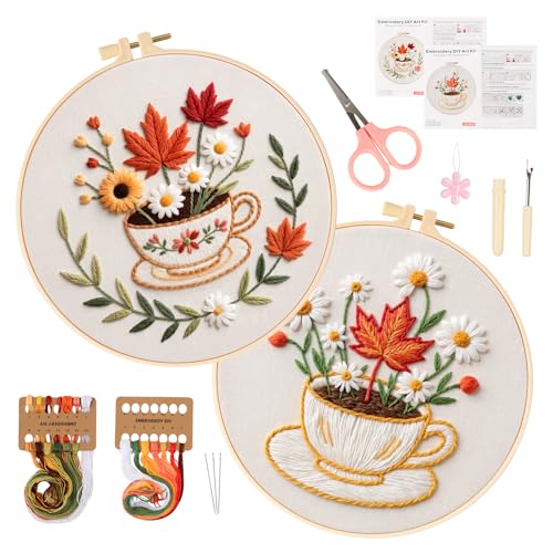 MAKHOT Folwer Embroidery Kits for Beginners with Cross Stitch Kits, Embroidery Hoop, Tools,Colorful Threads,Step by Step Instructions,Adults Starter Cross Stitch Kit DIY Needlepoint(2PCS Cup Flower) - color: 2PCS Cup Flower