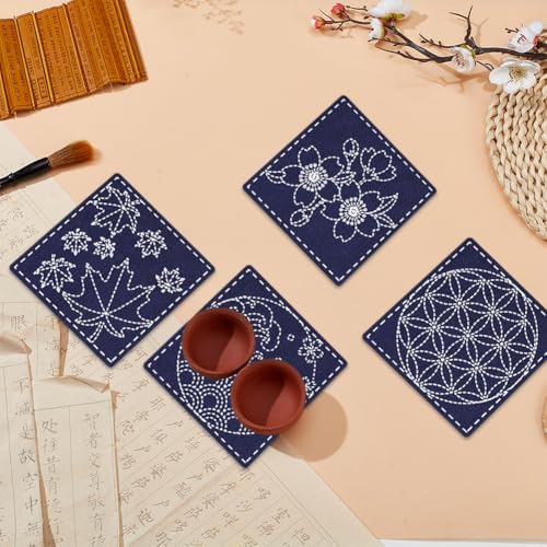 FREEBLOSS 4 Set Sashiko Coasters Kit with Instructions Cherry Blossoms