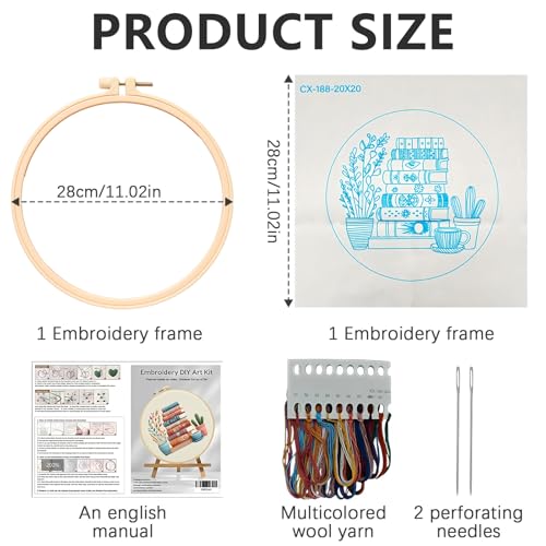 DIY Embroidery Kit for Beginners Adults, Stamped Books, Flowers & Coffee Pattern Embroidery Kit, Cross Stitch Set Include Embroidery Cloth Hoops Threads Needles Instruction, for Home Ofiice DIY Gift