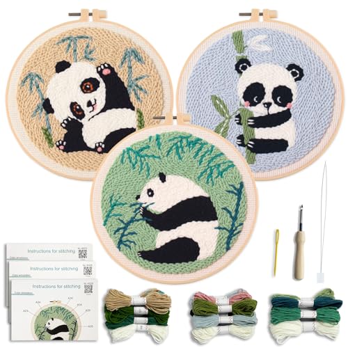 Myfelicity Punch Needle Panda Embroidery Kits, Set of 3, Including Tools Such as Patterned Punching Cloth and Needles - color: Panda