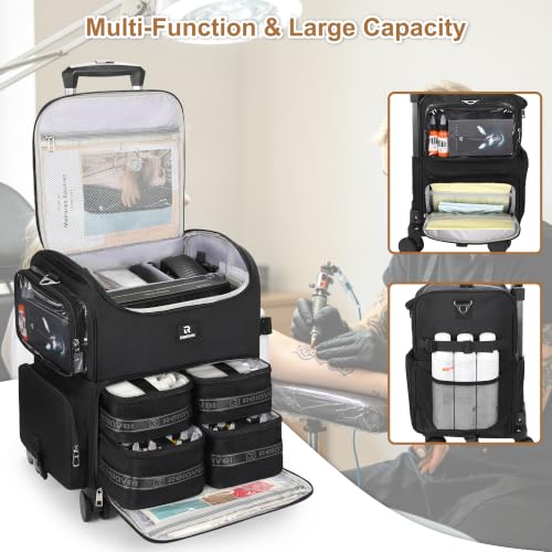 Relavel Rolling Tattoo Travel Case with 4 Inner Removable Pouches, Black - color: Black, size: Large with Trolley