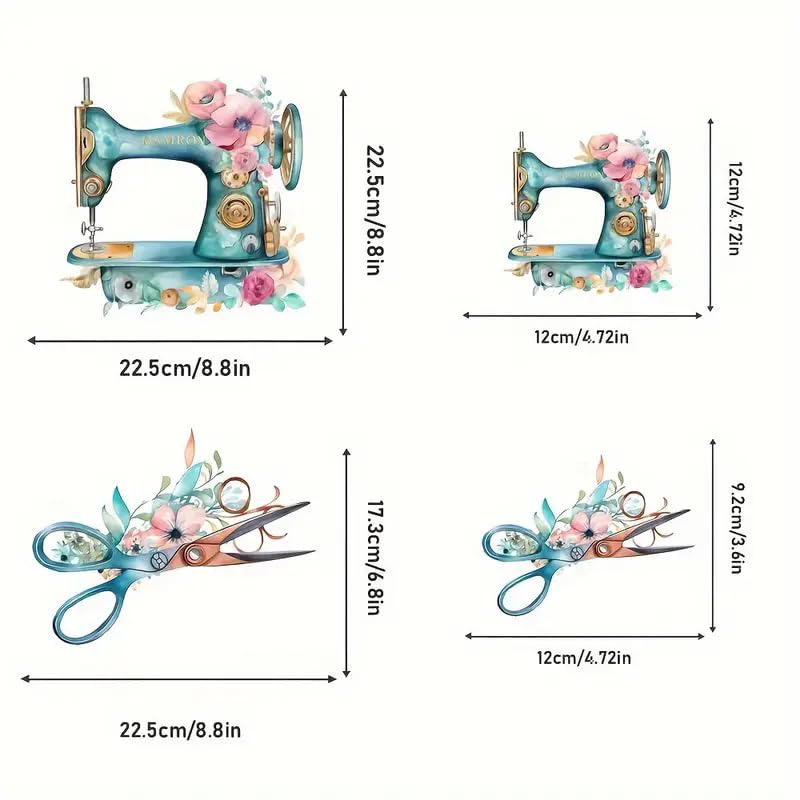 4pcs Sewing Machine Scissors Flowers Designs Iron On Transfers for T-Shirts Rub on Transfers Stickers Vinyl Ready to Press Stickers Iron on Decals for T-Shirts Clothing Hoodie DIY Crafts