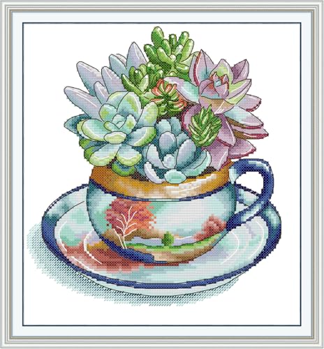 CaptainCrafts Cross Stitch Kits for Adults Stamped 11CT Teacup Pattern - color: Teacup Succulent, size: Stamped