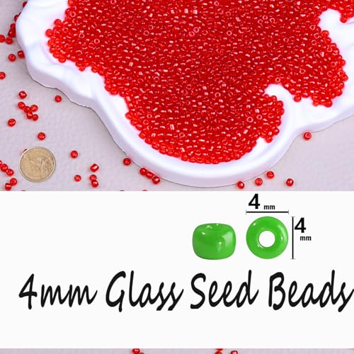Legefo 4mm Glass Seed Beads Bulk, Red Transparent 6/0 Small Mini Pony Seed Beads, Tiny Round Craft Bead for Bracelet Necklace Wrist Jewelry Making Beading Weaving DIY Crafts Supplies, 1000pcs - color: Red Transparent