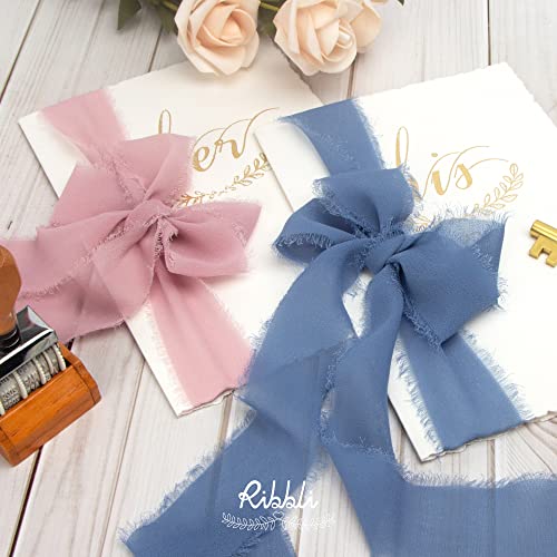 Ribbli Dusty Blue Chiffon Ribbon - 1-1/2 inch x 30 Yard Handmade Fringe Silk Ribbon for Wedding Invitations, Bridal Bouquets, Flower Arrangements - color: Dusty Blue
