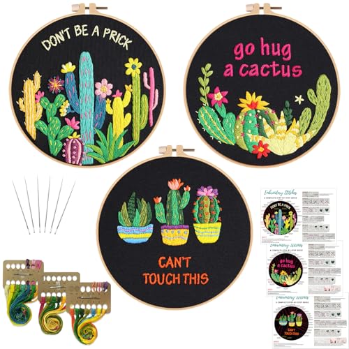 Louise Maelys 3 Pack Funny Cactus Embroidery Kit for Beginners DIY Craft - color: funny cactus