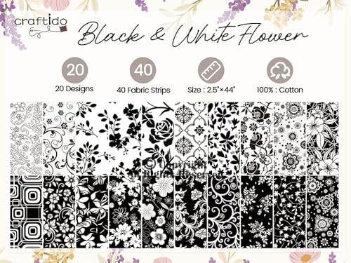 Craftido-20 Options-100% Cotton Jelly Roll Fabric Precut Strips for Quilting, Crafting, and Sewing, 40 Strips 2.5" x 44" Assorted Bundles for Rug, Quilt, DIY Craft and Home Decor-Black & White Flower - color: Black & White Flower