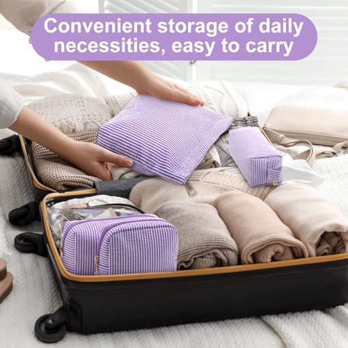 Sanwuta 4 Pcs Seersucker Pouch Striped Makeup Bag Set, Purple - color: Purple
