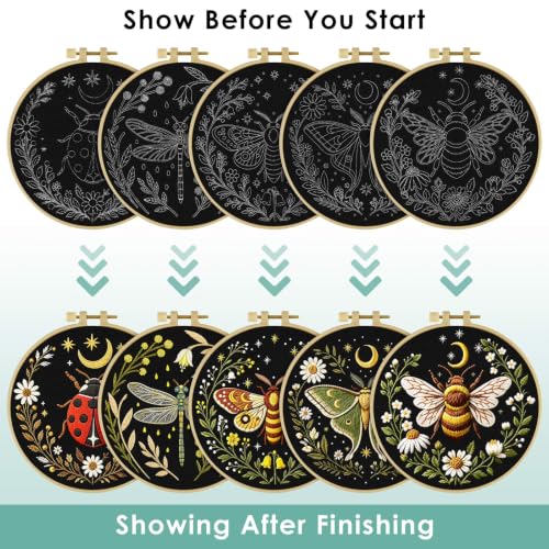 ERKOON Embroidery Kit for Adults, 5 Sets Flower Cross Stitch Set for Beginners Include Embroidery Cloth Hoops Threads for Craft Lover Hand Stitch with Skill Techniques (Starry Night) - color: Starry Night