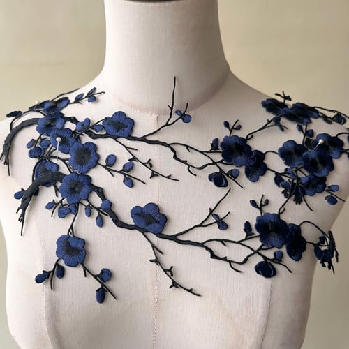 2pcs Iron on Plum Flower Applique Navy Color Embroidery Vine of Floral for Clothing,Costumes - color: Navy