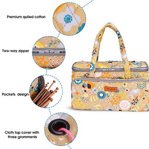 Yarn Storage Organizer with Grommets - Portable Crochet & Knitting Bag for Skeins, Hooks, Needles & Accessories (Flower-Yellow) - color: Flower-Yellow