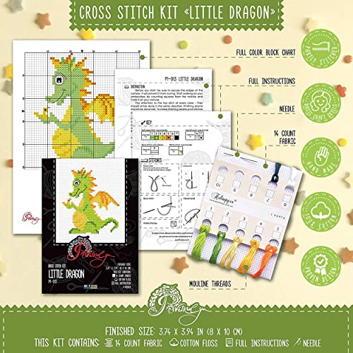 Povitrulya Baby Dragon Counted Cross Stitch Kit – Mandala Embroidery Pattern for Medium Starter - color: Green Dragon