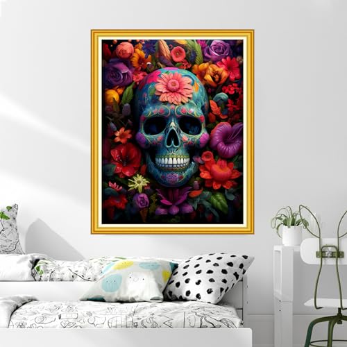 DMCVIVR Stamped Cross Stitch Kits for Beginners Adults Needlepoint Kits for Beginners Embroidery Kits for Adults Crossstitch Kit for Beginners 11CT-Skeleton Colorful Flower 16x20 inch, ArtKits13 - color: ArtKits13