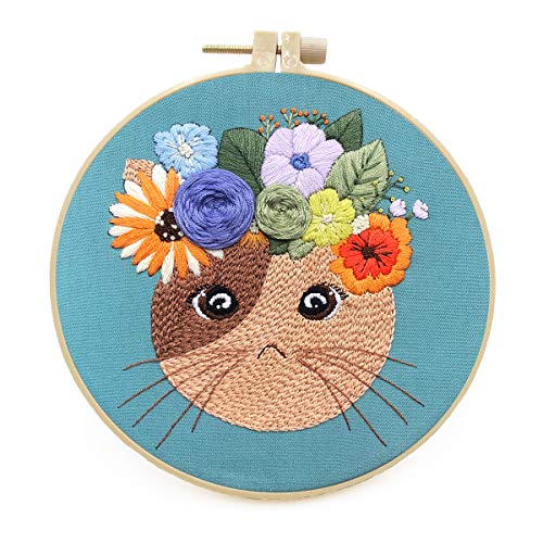 Mozzyyee Embroidery Starter kit, DIY Adult Beginner Embroidery Kits, Including Cloth with Cat Patterns, Colored Threads, Needles, Hoops and Instructions (Blue) - color: Blue