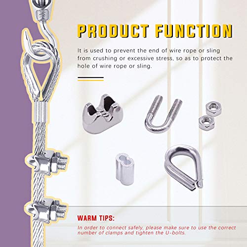 Swpeet 24Pcs M3 (5/16") Wire Rope Accessory Set, Included M3 Wire Rope Cable Clip Clamp, M3 Stainless Steel Thimble, 3mm Aluminum Crimping Loop Sleeve Perfect for 1/8 inch Wire Rope Cable (M3) - size: M3