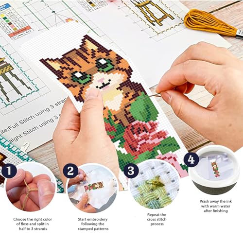 FREEBLOSS 6 Set Cat Cross Stitch Bookmark Kits Rose Pattern Stamped Cross Stitch Kit DIY Embroidery Kit Bookmark Craft Kit with Instructions for Beginners 6x20cm - style: Cats&Flowers