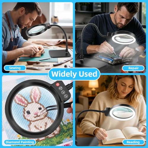 30X 10X Large Magnifying Glass with Light and Stand,LED Magnifier Desk Lamp - color: Black