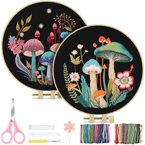 TINDTOP 2 Pack Embroidery Kit for Adult, Embroidery DIY Starter Kit - color: Mushroom A