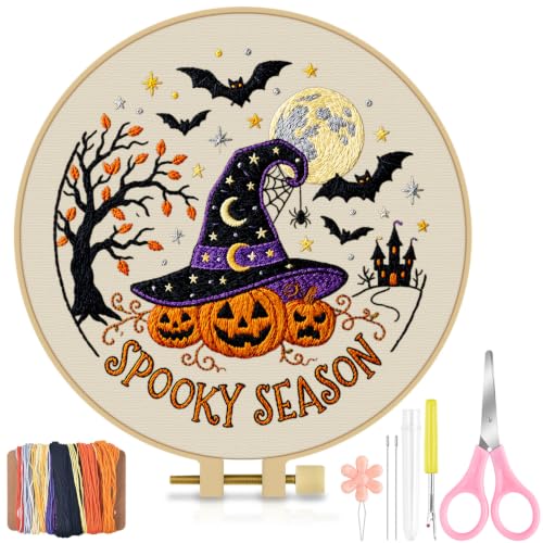 TINDTOP Halloween Embroidery Kit for Adult, Embroidery DIY Starter Kit, with Stamped Patterns, Hoop, Tools, Colorful Threads with Needles, Instructions (Halloween A) - color: Halloween A