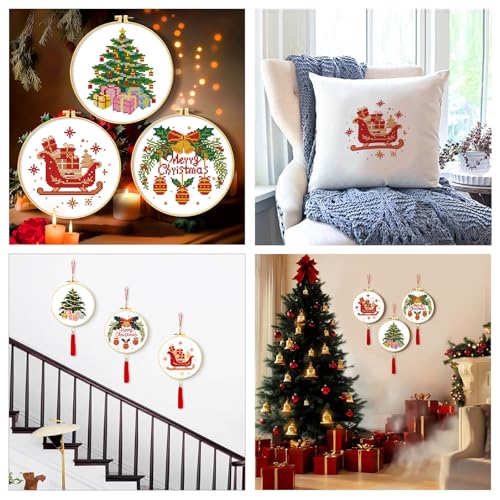 Zhenqing Stamped Cross Stitch Kits for Adults Beginners, Christmas Cross Stitch Kit, 3 Pack Holiday Needlepoint Craft Set with Printed Pattern Fabric, Christmas Tree, Sleigh and Wreath Designs - style: Christmas