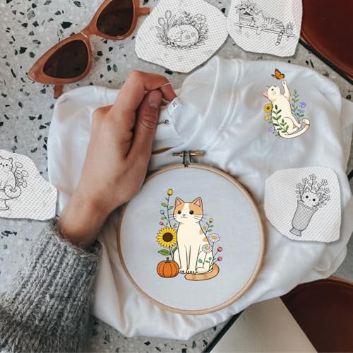 27Pcs Water Soluble Embroidery Paper Patterns 11.7" x 8.3" Stick and Stitch Embroidery Paper Wash Away Patterns Cat Plant Transfer Paper Stabilizer Hand Sewing Crafts for Shirts Coats Bags - color: Cat