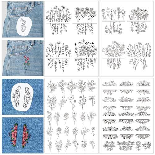 Floral Water Soluble Embroidery Patterns, 4 Sheets Stick and Stitch Embroidery Papers Wash Away, Pre-Printed Flower Pattern Transfer Paper Stabilizers for Hand Sewing Lovers Beginners - size: Flower D