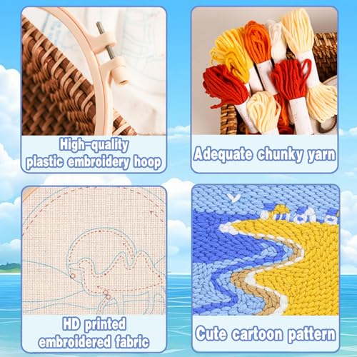 Coastal Beach House Punch Needle Kit for Beginners, 8 Inch Seaside Ocean DIY Embroidery Starter Set with Pre-Printed Fabric, Wooden Hoop, Yarn & Tools, Summer Wall Art Craft Gift for Adults - color: BLUE-SAND