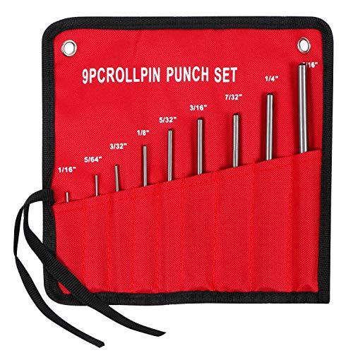 Roll Pin Punch Set with Storage Pouch, 9 Piece Steel Removal Tool Kit for Jewelry