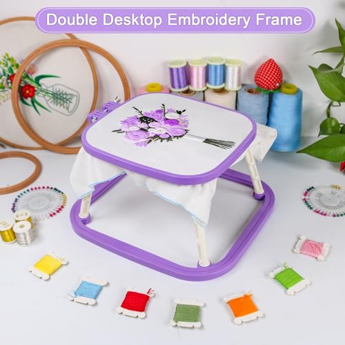 Versatile Double Embroidery Stand, Compact Desktop Embroidery Cross Stitch Frame-Hands Free 2-Tier Embroidery Hoop Frame for Needlepoint Sewing Craft Projects (Violet) - color: Violet
