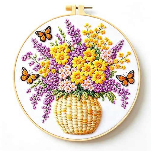 Zhenqing Flower Basket Embroidery Kit for Beginners, Pre-Printed 29x29cm Cotton Fabric with 20cm Hoop, Garden Design with Butterflies (JC0047