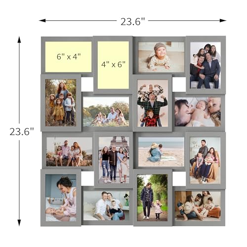 J.M.Deco Collage Picture Frames for Wall 16 Opening, Large Photo Frame Collage Wall Hanging for 4x6 Photo, Reunion Friends Family Memory, Christmas Gift - Grey - color: Grey, size: 16 Opening