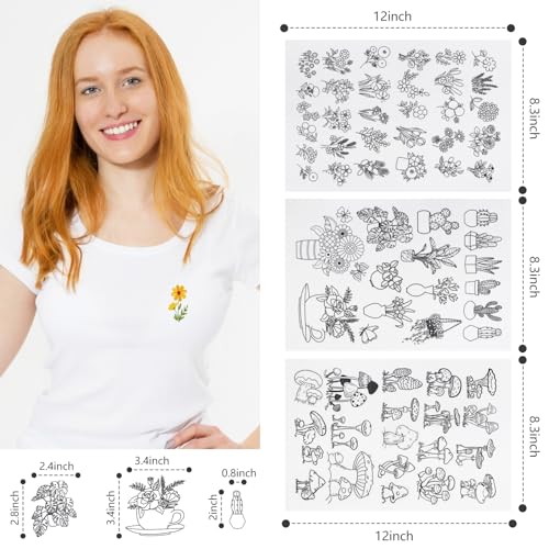 66 Pcs Water Soluble Embroidery Patterns Stick and Stitch Embroidery Designs Paper Wash Away Dissolvable Embroidery Transfer Patterns Pre-Printed Botanical Water Soluble Stabilizer for Embroidery