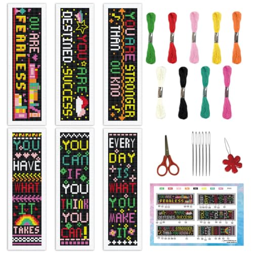 INFUNLY 6Pcs Inspirational Words Cross Stitch Bookmark Kits 8"x2.4" DIY Encourage Texts Embroidery Bookmark Kits for Beginners with Instruction Motivational Bookmark Making Kit for Students - style: 6Pcs Inspirational Words