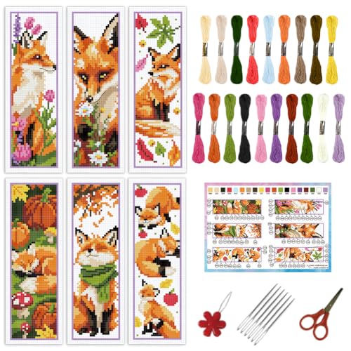 INFUNLY 6pcs Fox Cross Stitch Bookmark Kit for Beginners DIY Leaf Flower Stamped Embroidery Bookmark Kits Pumpkins Needlepoint Kit with Instruction Animal Easy Cross Stitch Set for Book Lovers Readers - style: Fox